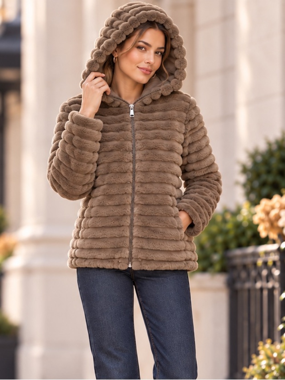 Zella | Corded Faux Fur Hooded Jacket | Brown | NWOT | Size XS